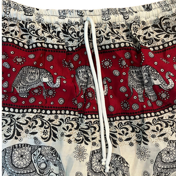 Thailand Elephant Red, Black,White Pattern Boho Drawstring Wide Leg Pants Medium - Picture 3 of 6